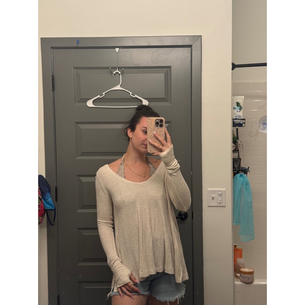 We The Free People Cream Waffle Knit Thermal Long Sleeve Thumbhole Top Small - Picture 7 of 7